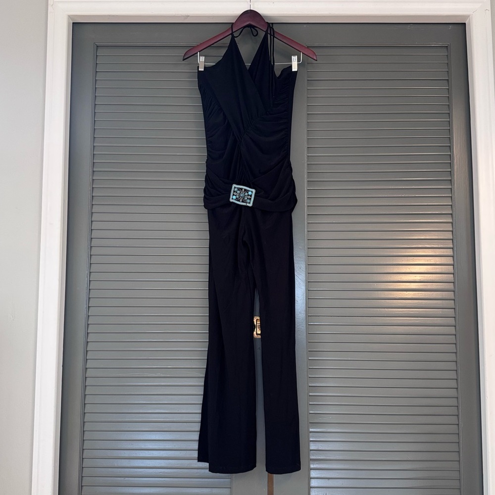 Y2K Black Ruched Jumpsuit with Turquoise Belt Buckle